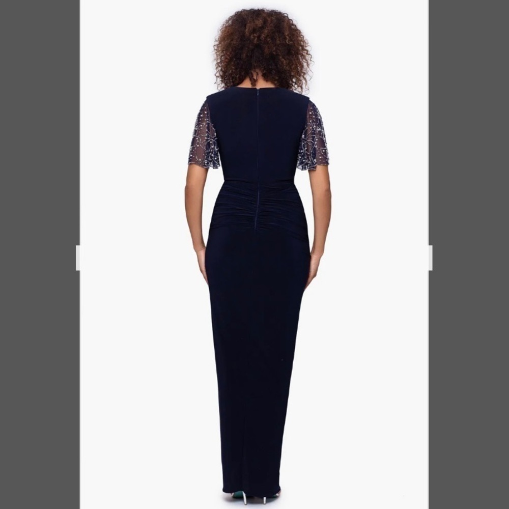 BETSY & ADAM Plus Beaded Flutter Sleeve V-Neck Ruffled Slit Gown in Navy/Silver - Picture 2 of 5